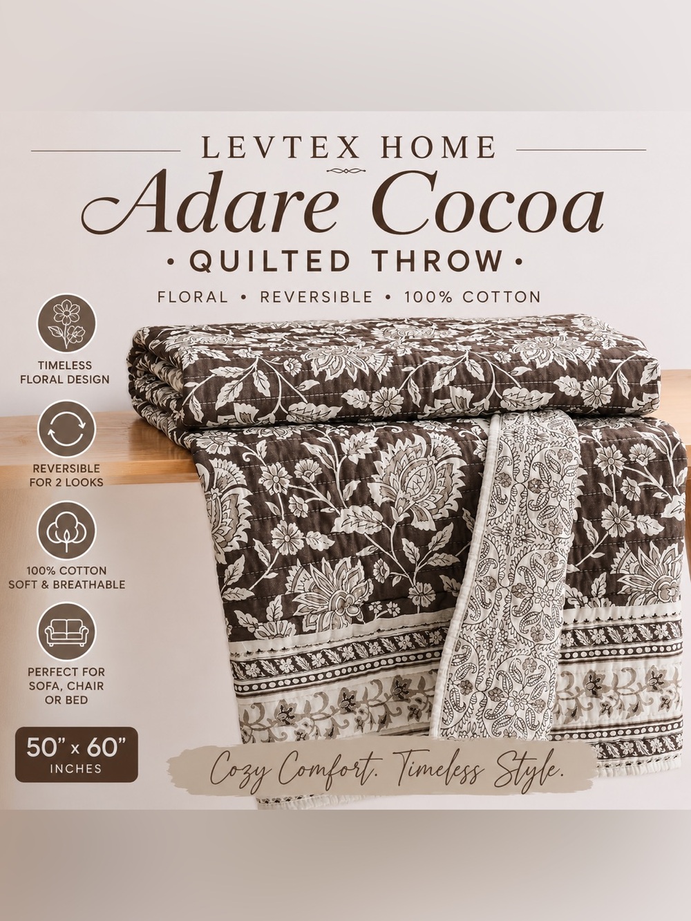 Levtex Home Adare Cocoa Quilted Throw 50x60 Reversible Floral Cotton NWT